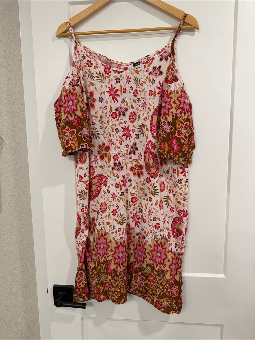 SHEIN Pink and Brown Floral Cold-Shoulder Mini Dress